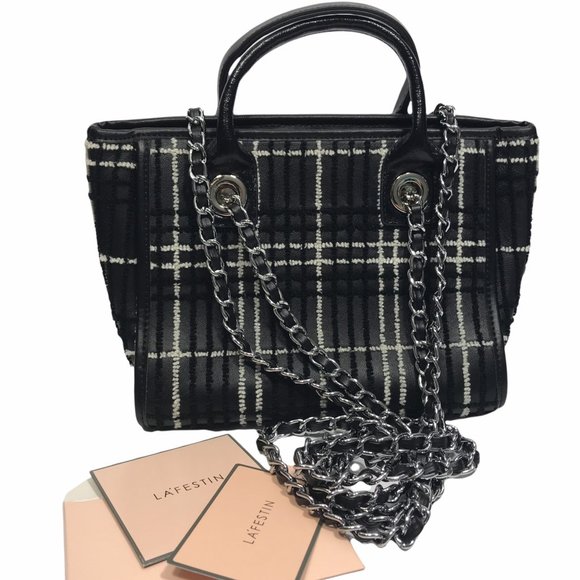 NWOT Le'Festin Black and White Textured Handbag with Silver Chain Shoulder Strap - Picture 1 of 6